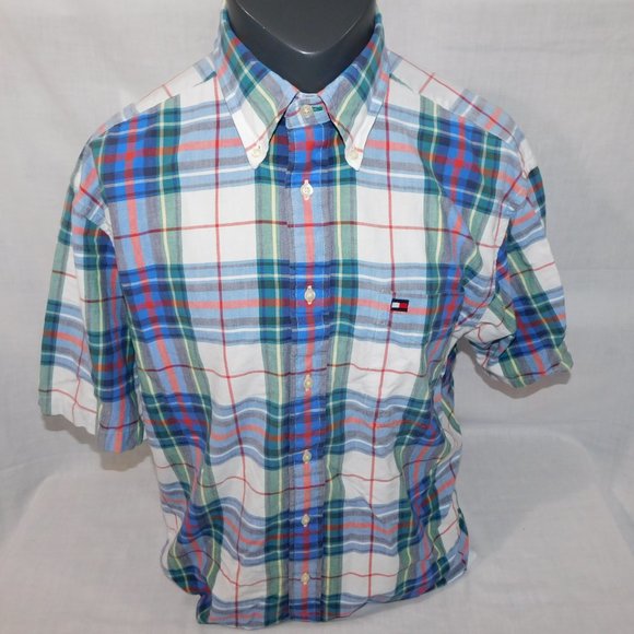 Vintage 90s Tommy Hilfiger Mens L Plaid Button Front Short Sleeve Shirt - Picture 6 of 10